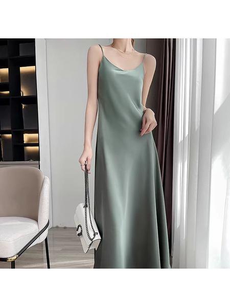 Triacetate Silk Suspender Dress Female Summer Loose Inner Long Skirt French Design Fairy Satin Niche Sage Green