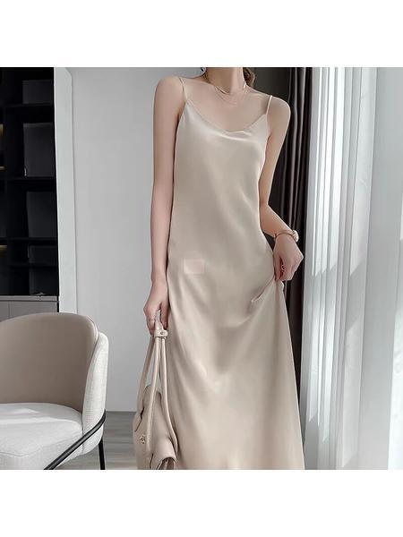 Triacetate Silk Suspender Dress Female Summer Loose Inner Long Skirt French Design Fairy Satin Niche Beige