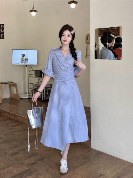 Plus Size Fat Sister High-Grade French Style Vintage Striped Shirt Dress Women's Summer Temperament Waist-Controlled Commuter Long Skirt Light Blue