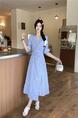 Plus Size Fat Sister High-Grade French Style Vintage Striped Shirt Dress Women's Summer Temperament Waist-Controlled Commuter Long Skirt Light Blue