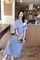 Plus Size Fat Sister High-Grade French Style Vintage Striped Shirt Dress Women's Summer Temperament Waist-Controlled Commuter Long Skirt Light Blue