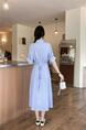 Plus Size Fat Sister High-Grade French Style Vintage Striped Shirt Dress Women's Summer Temperament Waist-Controlled Commuter Long Skirt Light Blue