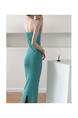 Summer New Hong Kong Style Sexy Dopamine Wear Base Knitting Suspender Skirt Fitted Waist Backless Inner Wear Dress Women - Teal