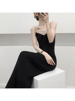 Summer New Hong Kong Style Sexy Dopamine Wear Base Knitting Suspender Skirt Fitted Waist Backless Inner Wear Dress Women - Black