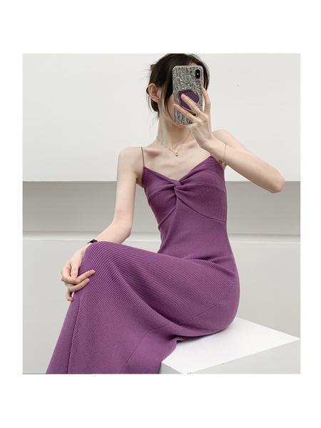 Summer New Hong Kong Style Sexy Dopamine Wear Base Knitting Suspender Skirt Fitted Waist Backless Inner Wear Dress Women - Purple