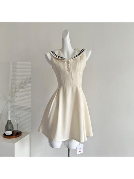 Chi Umbrella Umbrella 25/SS First Visit to Liubenmu Sailor Collar Cotton Wooden Ear Sleeveless Dress in Cream with Navy Blue Accents