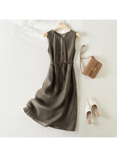 2025 Summer New Simple Elegance Sleeveless Lace-up Tencel Dress Waist-Tight Slimming and Fashionable - Olive Green