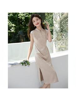 2025 Summer New Chinese Style Buckle Improved Cheongsam Satin Jacquard Slim Fit Slimming - Beige