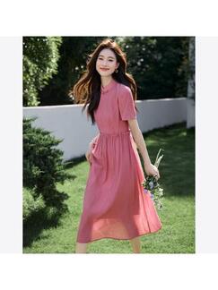 New Chinese Style Puff Sleeve Waist Slimming Dress 2025 Summer New Texture Maxi Dress - Dusty Pink