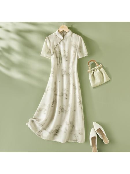 New Chinese Style National Style Buckle Pendant Dress 2025 Summer New Female - Ivory with Floral Print