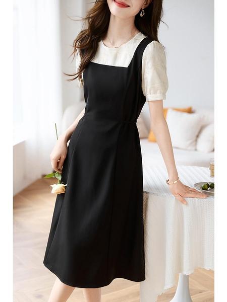 Jacquard Shirt Fake Two-Piece Skirts 2025 Summer New All-Matching Fresh Youthful-Looking Dress Women - Black with Cream Top