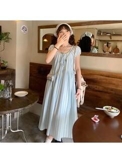 French Tea Break Short Sleeve Drawstring Design Waist Slimming Graceful and Fashionable Dress Long Small Striped Dress - Light Blue with White Stripes
