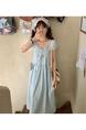 French Tea Break Short Sleeve Drawstring Design Waist Slimming Graceful and Fashionable Dress Long Small Striped Dress - Light Blue with White Stripes