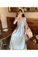 French Tea Break Short Sleeve Drawstring Design Waist Slimming Graceful and Fashionable Dress Long Small Striped Dress - Light Blue with White Stripes