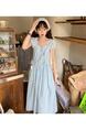 French Tea Break Short Sleeve Drawstring Design Waist Slimming Graceful and Fashionable Dress Long Small Striped Dress - Light Blue with White Stripes