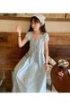 French Tea Break Short Sleeve Drawstring Design Waist Slimming Graceful and Fashionable Dress Long Small Striped Dress - Light Blue with White Stripes