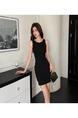 Real Shot! Customized Elastic Bright Silk Three-Dimensional Tassel Irregular Plaid | Off-Shoulder Waist Trimming Short Dress - Black