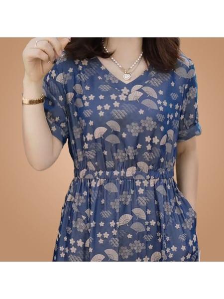 High-End Short Sleeve Dress Women's Summer 2025 New Fashion Temperament Youthful-Looking Covering Belly Thin Middle-Aged Mom - Navy Blue