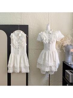 Lazy Didi First Love Small White Flower Double Version White Lace Sweet Shirt Dress Waist-Tight Cake Dress - White