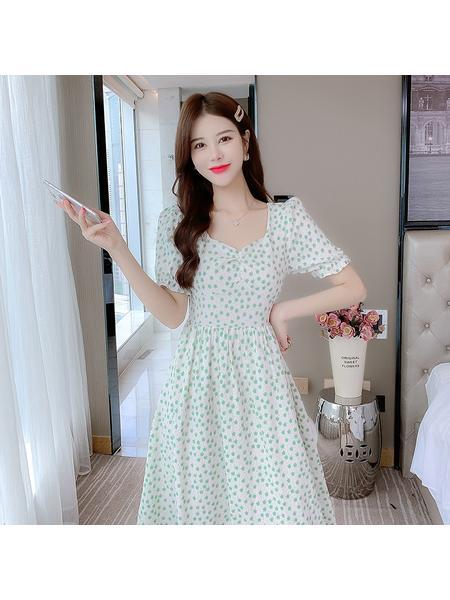 Real Shot Summer Sweet Floral Chiffon Dress for Women - White with Green Floral Patterns, Mid-Length Puff Sleeve Slimming Youthful-Looking Bohemian Seaside Dress
