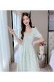 Real Shot Summer Sweet Floral Chiffon Dress for Women - White with Green Floral Patterns, Mid-Length Puff Sleeve Slimming Youthful-Looking Bohemian Seaside Dress