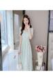 Real Shot Summer Sweet Floral Chiffon Dress for Women - White with Green Floral Patterns, Mid-Length Puff Sleeve Slimming Youthful-Looking Bohemian Seaside Dress