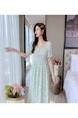 Real Shot Summer Sweet Floral Chiffon Dress for Women - White with Green Floral Patterns, Mid-Length Puff Sleeve Slimming Youthful-Looking Bohemian Seaside Dress