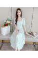 Real Shot Summer Sweet Floral Chiffon Dress for Women - White with Green Floral Patterns, Mid-Length Puff Sleeve Slimming Youthful-Looking Bohemian Seaside Dress