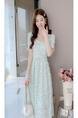 Real Shot Summer Sweet Floral Chiffon Dress for Women - White with Green Floral Patterns, Mid-Length Puff Sleeve Slimming Youthful-Looking Bohemian Seaside Dress