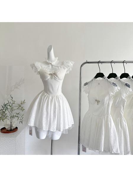 Bear Arrest Warrant Snow Painted Pear White Moonlight Lace Dress - Female Pure Desire Wind Slim Umbrella Princess Dress in White