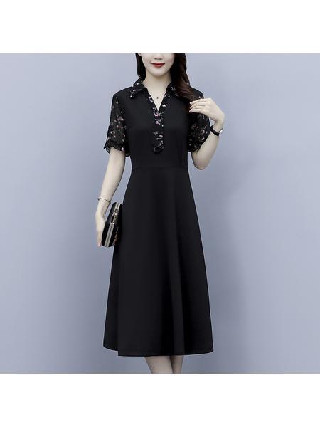 2025 Plus Size Women's Clothing Fat MM Floral Splicing Stylish Waist Slimming Belly-Covering Short-Sleeved Middle-Aged Mother Dress in Black