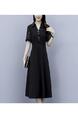 2025 Plus Size Women's Clothing Fat MM Floral Splicing Stylish Waist Slimming Belly-Covering Short-Sleeved Middle-Aged Mother Dress in Black