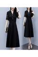 2025 Plus Size Women's Clothing Fat MM Floral Splicing Stylish Waist Slimming Belly-Covering Short-Sleeved Middle-Aged Mother Dress in Black