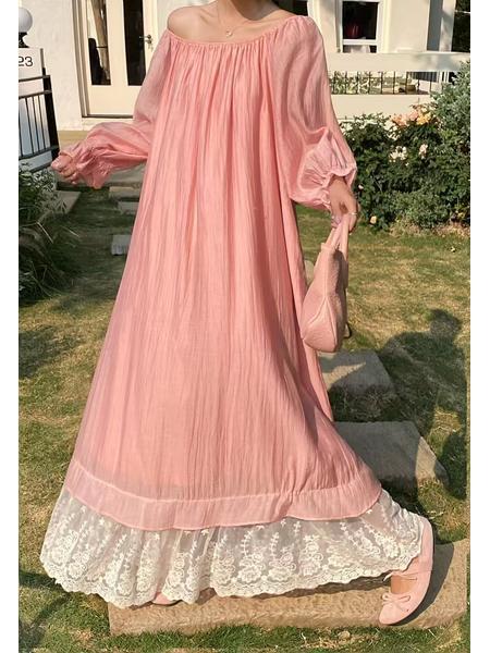 In Stock Real Shot Japanese and Korean French Collar Dress Lace Sweet Off-the-Shoulder Loose-Fitting Slim-Fit Long Dress in Pink