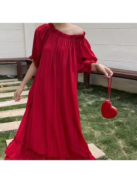 In Stock Real Shot Japanese and Korean Loose Slimming Patchwork Double Layer Ruffled Casual Simple Dress in Red