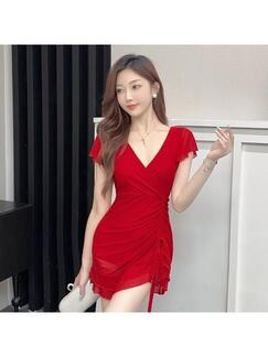 Red Sexy Mesh Short Drawstring Low-Cut V-Neck Hip Dress