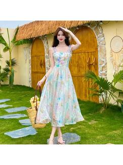 Butterfly Oil Painting Girl Long Printed Waist A-Line Suspender Dress Summer French Temperament High-End Dress - Multicolor