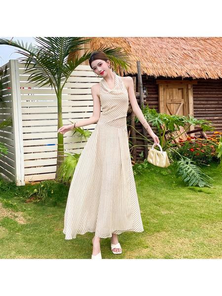 Georgette Apricot Striped Halter Neck Dress Female Temperament Swing Collar Holiday Long Dress Sleeveless Skirt Two-Piece Suit - BEIGE WITH STRIPES