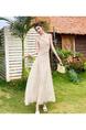 Georgette Apricot Striped Halter Neck Dress Female Temperament Swing Collar Holiday Long Dress Sleeveless Skirt Two-Piece Suit - BEIGE WITH STRIPES