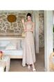 Georgette Apricot Striped Halter Neck Dress Female Temperament Swing Collar Holiday Long Dress Sleeveless Skirt Two-Piece Suit - BEIGE WITH STRIPES