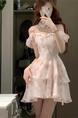 Pink French Sweet First Love Gentle Style Puff Sleeve Floral Dress Female Summer Waist Slimming Princess Puffy Skirt