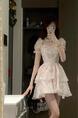 Pink French Sweet First Love Gentle Style Puff Sleeve Floral Dress Female Summer Waist Slimming Princess Puffy Skirt
