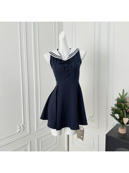 Chi Umbrella Umbrella 25 First Visit to Liubenmu Sailor Collar Wooden Ear Sleeveless Dress - Navy Blue