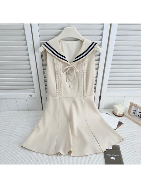 Chi Umbrella Umbrella 25 First Visit to Liubenmu Sailor Collar Wooden Ear Sleeveless Dress - Beige