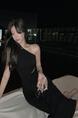 95% Polyester Spring and Summer Pure Desire Sweet Spicy Off-Shoulder Slit Mid-Length Skirt Slim Fit Chic Temperament Dress for Women - Black