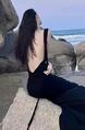 95% Polyester Summer Seaside Holiday Style Sexy Backless Beach Dress Texture High-End Black Suspender Dress for Women - Black