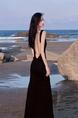 95% Polyester Summer Seaside Holiday Style Sexy Backless Beach Dress Texture High-End Black Suspender Dress for Women - Black