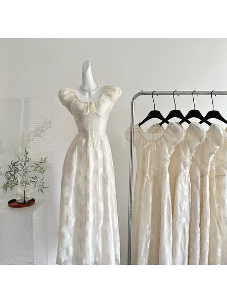 First Dream Pokemeng4/14 Lilac Jasmine Jacquard French Puff Sleeve Waist-Tight Dress Long Skirt A-Line Skirt - Ivory