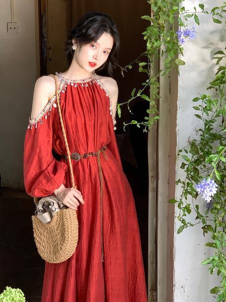 Bohemian Vintage Red Off Shoulder Dress Seaside Vacation Style Beautiful Unique Temperament Long Dress Spring and Summer - Red