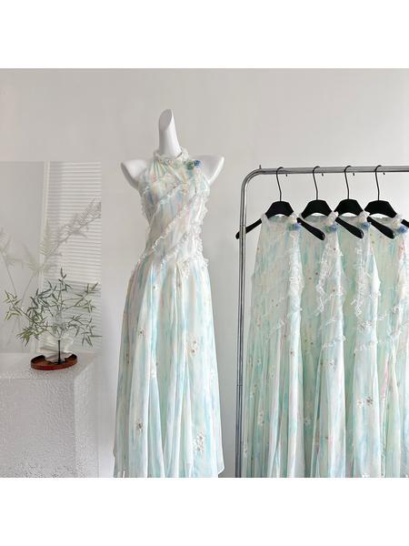 Ruixi Withers Jasmine Green 2.0 Summer Fairy Sweet Slimming Waist-Slimming Long Dress - PALE GREEN AND PASTEL